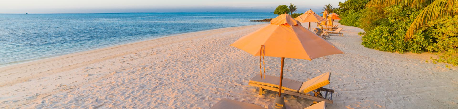 Strand, Meer, Liegestühle, Palmen