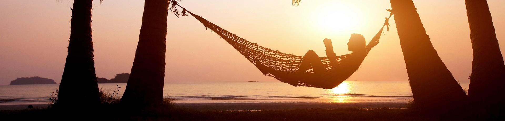 Hängematte, Sonnenuntergang, Strand, Meer, Lesen, Frau