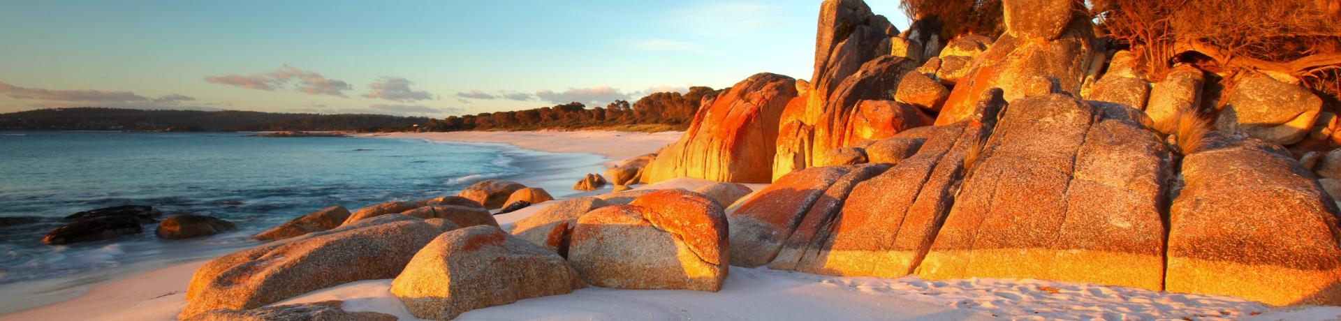 Strand und Felsformationen an der Bay of Fires in Tasmanien am Abend.