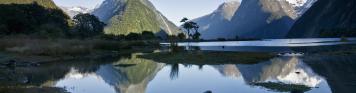 Milford Sound in Neuseeland mit Bergen im Hintergrund.