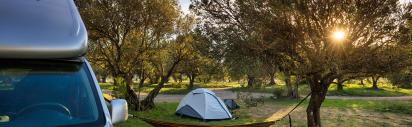 Wohnmobil in einem Olivenhain mit Hängematte und Zelt im Hintergrund.