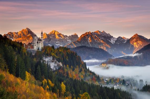 Neuschwanstein - Bayern Schloss Neuschwanstein umgeben von Herbstlaub bei Sonnenaufgang.