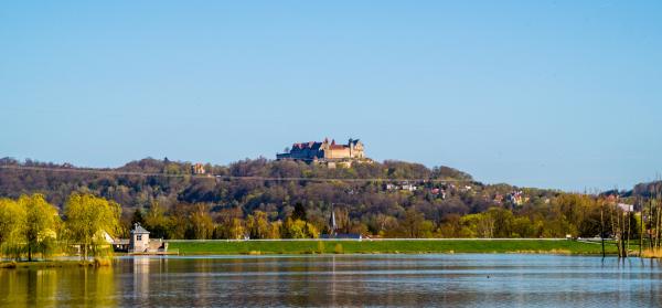 Blick auf den Goldbergsee in Coburg mit Veste Coburg im Hintergrund bei blauen Himmel.