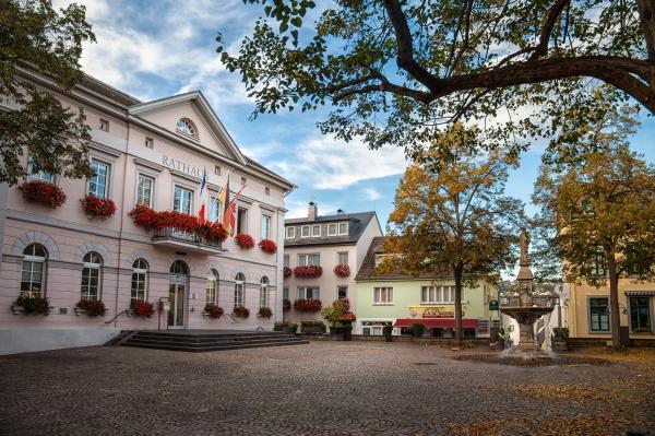 Rathhaus von Remagen mit einem Springbrunnen auf dem Marktplatz