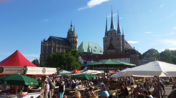 Weinfest mit Sitzbänken und Verkaufsständen auf dem Domplatz in Erfurt 