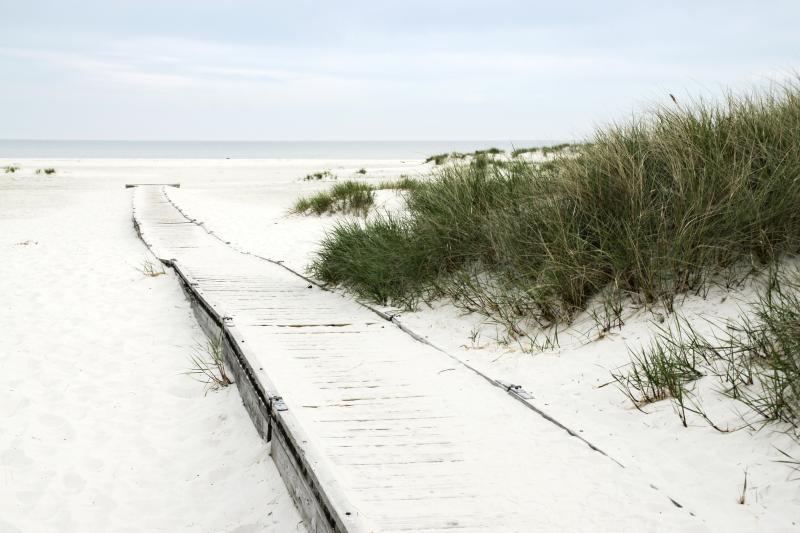 Strandsteg mit feinem, weißem Sand bedeckt, Strandgras an der Seite