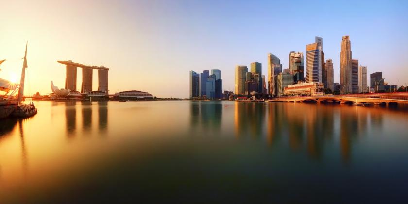 Skyline, Meer, Hochhäuser, Sonnenaufgang Singapur