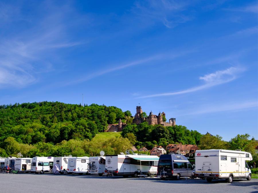 Stellplatz mit Wohnmobilen vor Burg