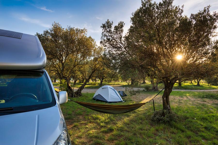 Campervan neben Zelt und Hängematte