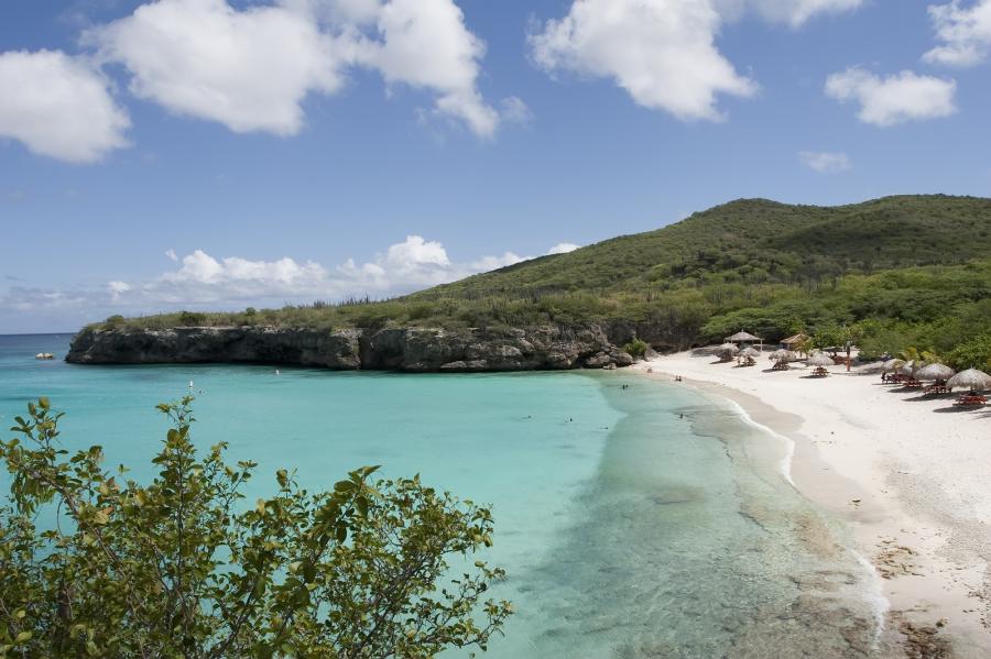 Strand vor bewaldetem Hügel