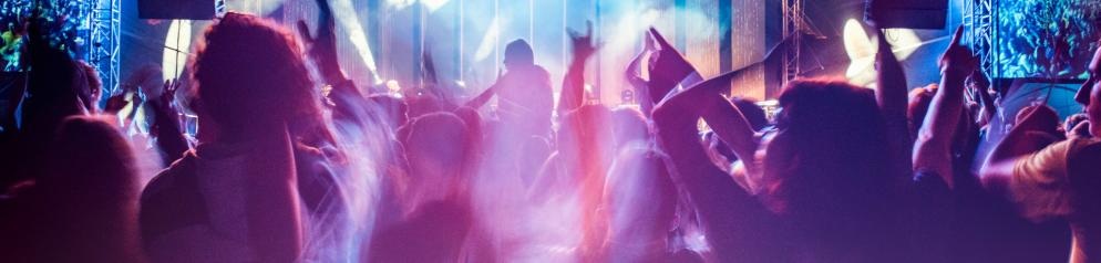 Feiernde Menschen vor einer Bühne