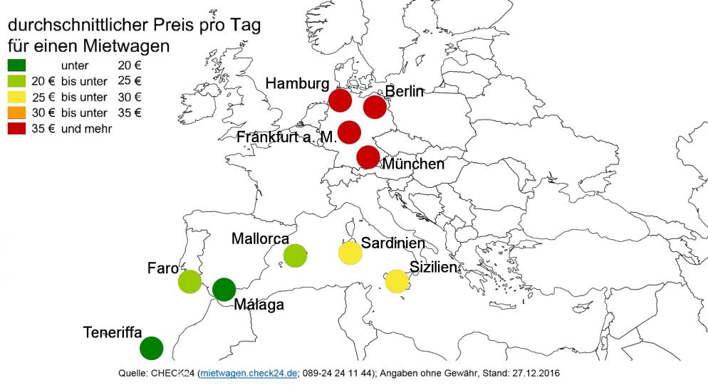Mietwagen: Ranking - Preise Städte Karte